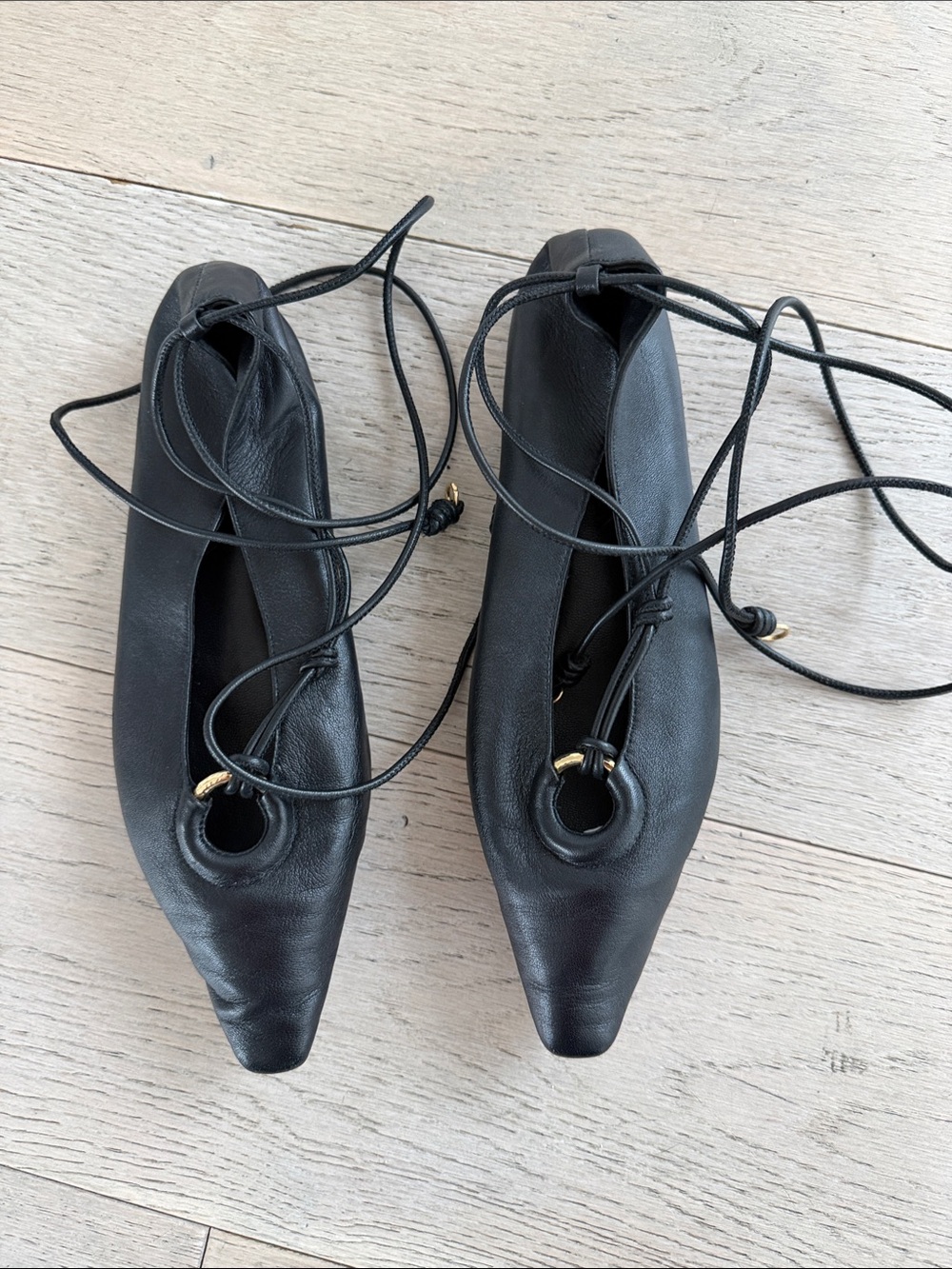 Ulla Johnson Black Lace-Up Pointed Toe Flats with Grommet Detail